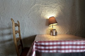 Cafe table, chair and lamp